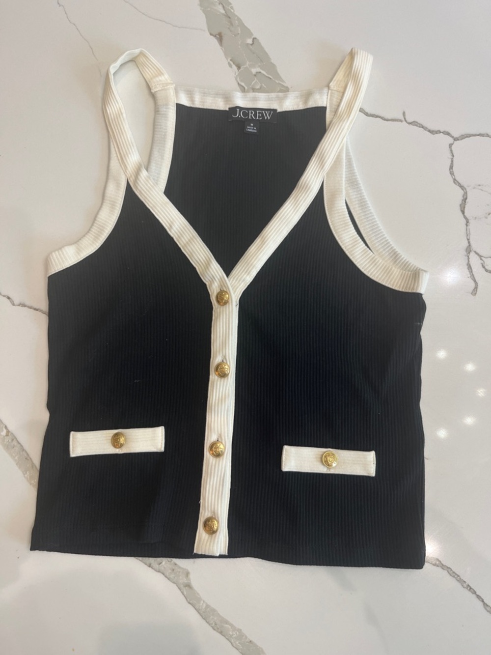 J. Crew Black Ribbed Tank with Ivory Trim and Gold Buttons